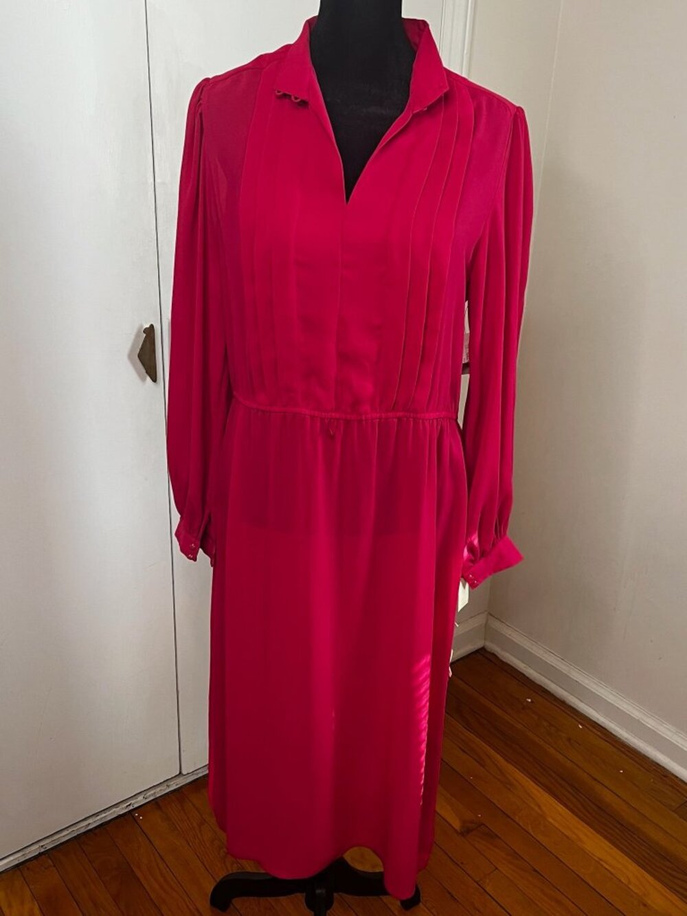 Vintage 80s In The Mood Red Pleated Secretary Midi Dress Long Sleeve - Size 10